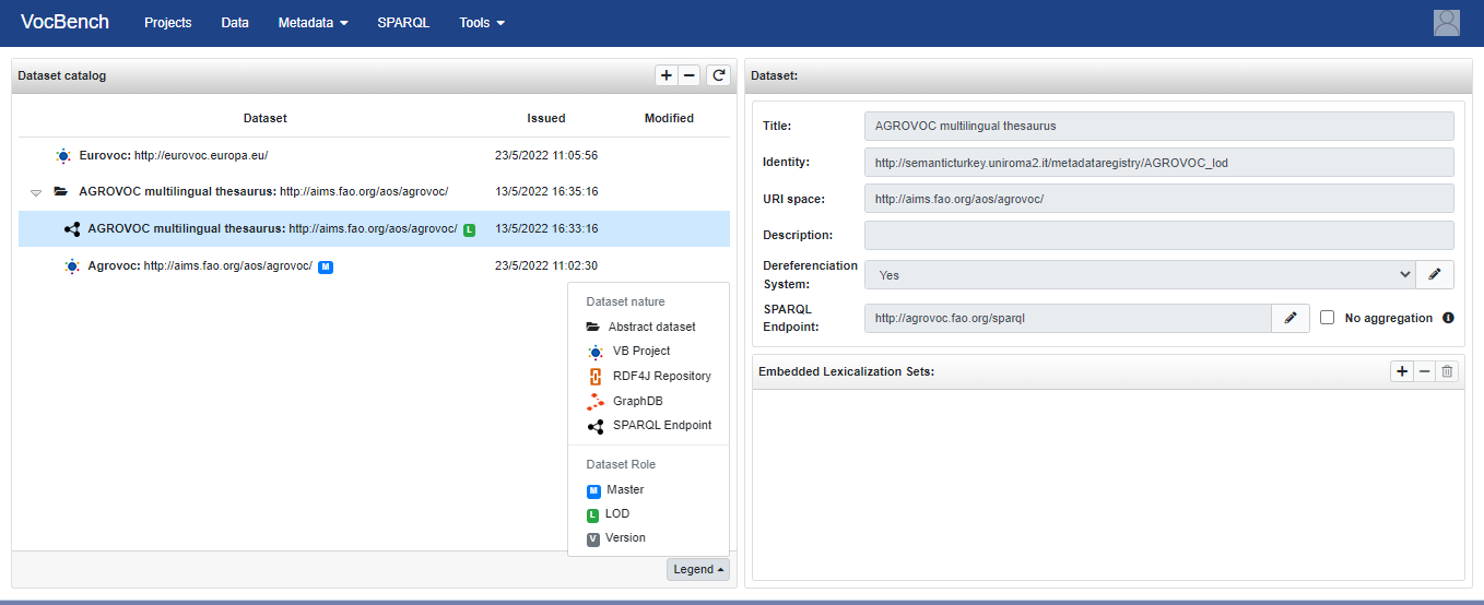 Metadata registry screen