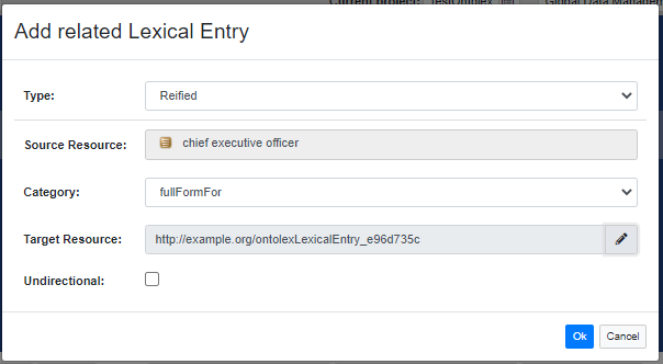 Lexicographer view: dialog for the addition of a related entry